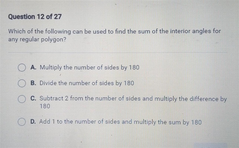 Question 12 of 27 Which of the following can be used to find the sum of the interior-example-1