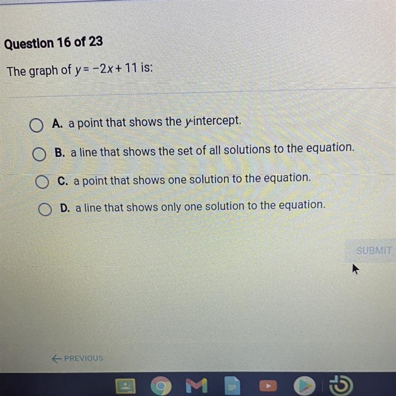 The graph of y= -2x + 11 is:-example-1