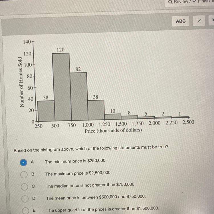 Helpp Based on the histogram above, which of the following statements must be true-example-1