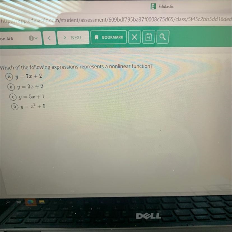 Which of the following expressions represents a nonlinear function? A y = 7x + 2 By-example-1