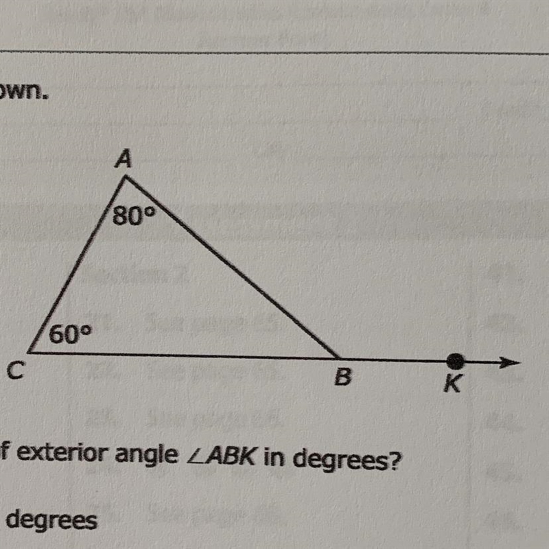 Consider the figure shown. What is the measure of exterior angle-example-1