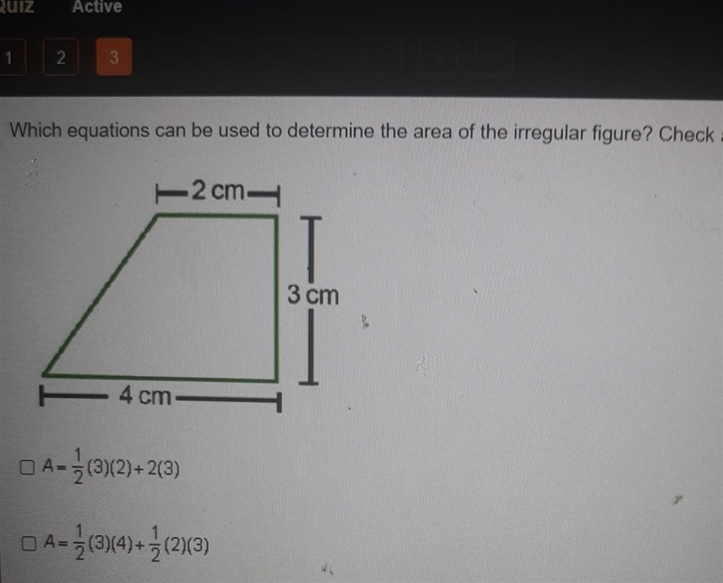 Which equations can be used to determine the area of the irregular figure?​-example-1