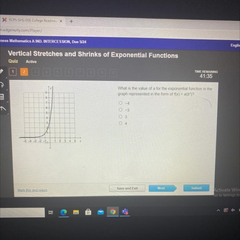 What is the value of a for the exponential function in the graph represented in the-example-1