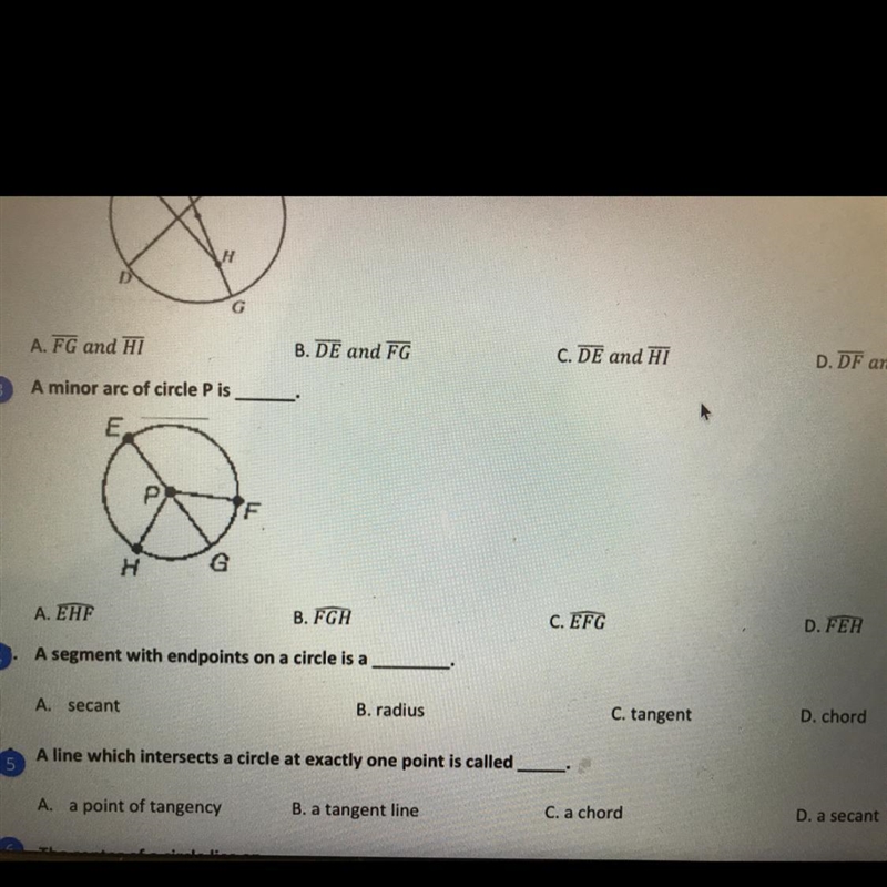 3 A minor arc of circle P is E P H G F A. EHF B. FGH C. EFG D. FEH-example-1