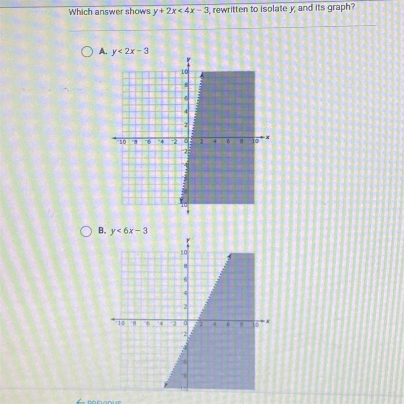 HELP ASAP? the two answers not showing on screen are C:y<6x-3 D:y<6-3-example-1