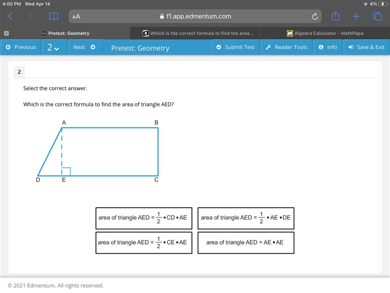 Which is the correct formula to find the area of triangle AED?-example-1