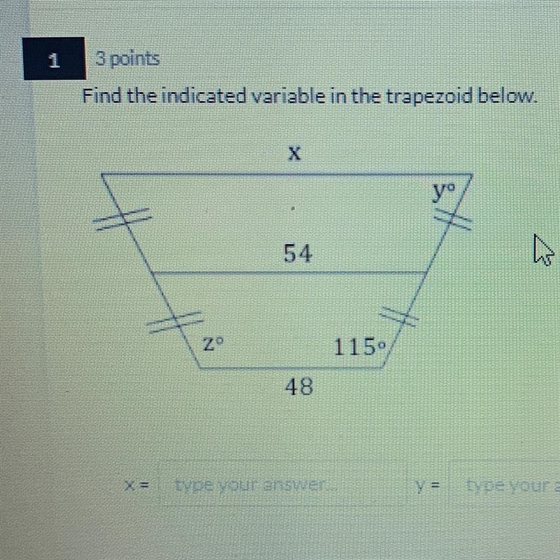 Find the indicated variable in the trapezoid below. NEED TO FIND x,y, and z-example-1