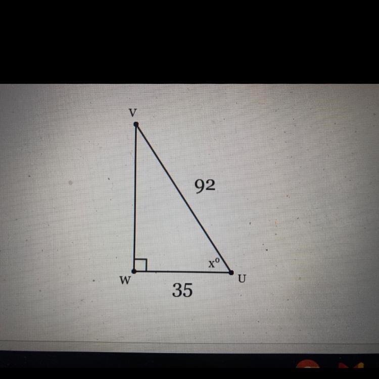 In Triangle UVW, the measure of Angle W=90", WU = 35 feet, and UV = 92 feét. Find-example-1