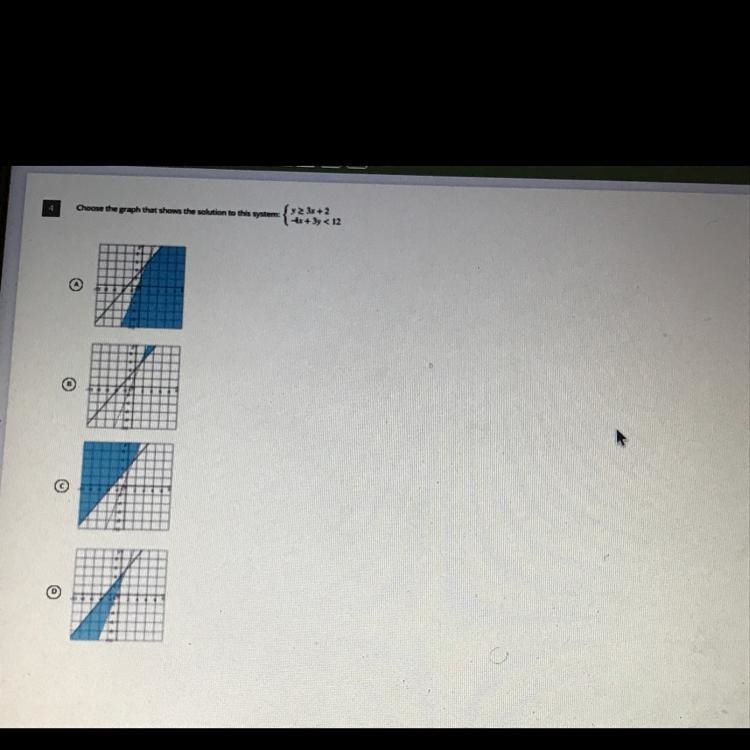 What graph shows the solution to this system y >= 3x + 2 -4x + 3y > 12 (Less-example-1