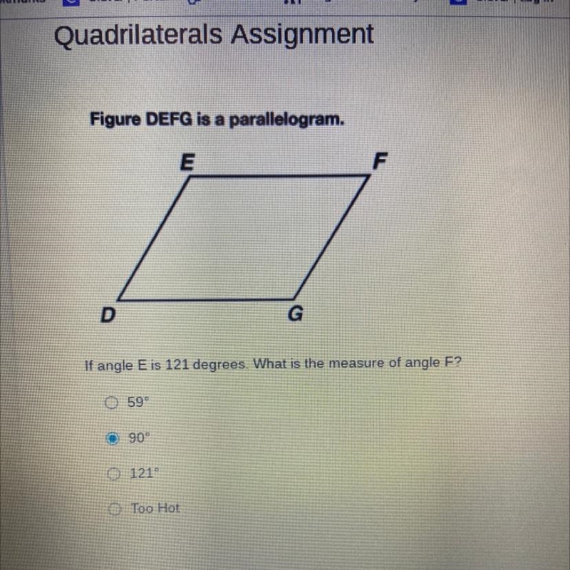 If angle E is 121 degrees. What is the measure of angle F?-example-1