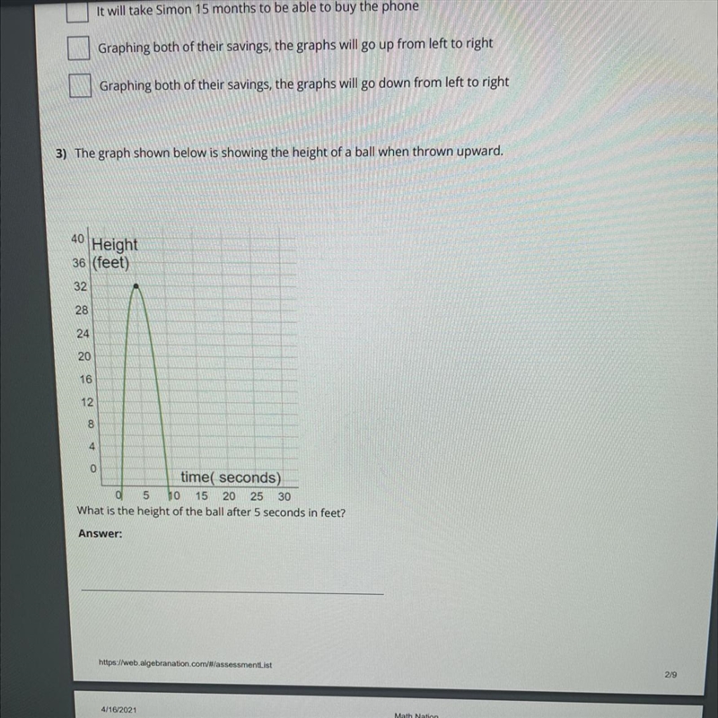 What is the height of the ball after 5 seconds in feet?-example-1