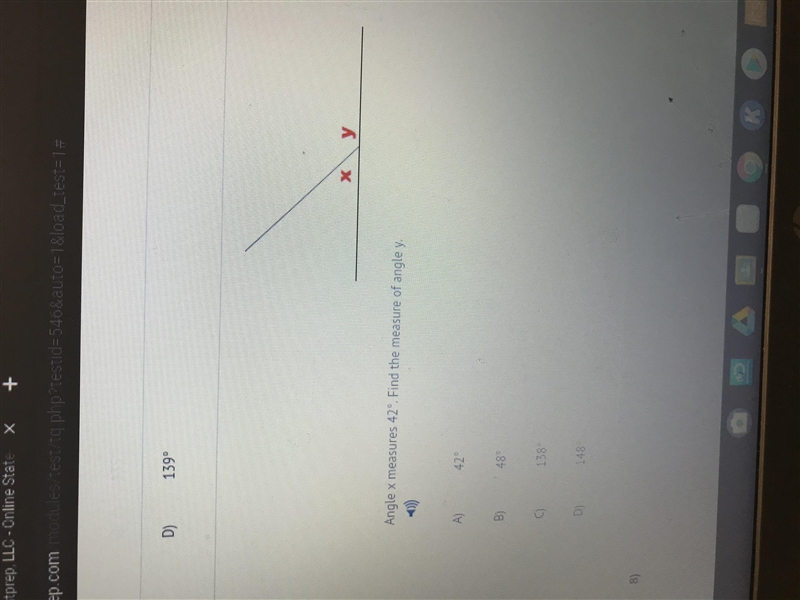 Angle x measures 42•. Find measure of angle y.-example-1