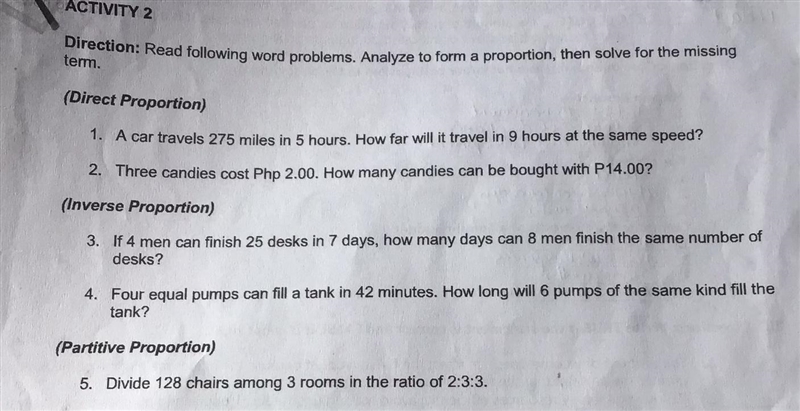 ACTIVITY 2 Direction: Read following word problems. Analyze to form a proportion, then-example-1