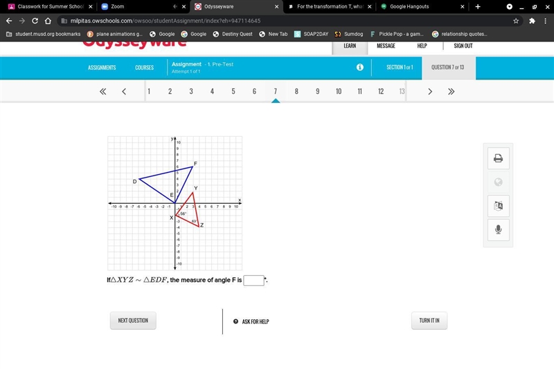 I NEED HELP!!!! If, XYZ~EDF the measure of angle F is-example-1