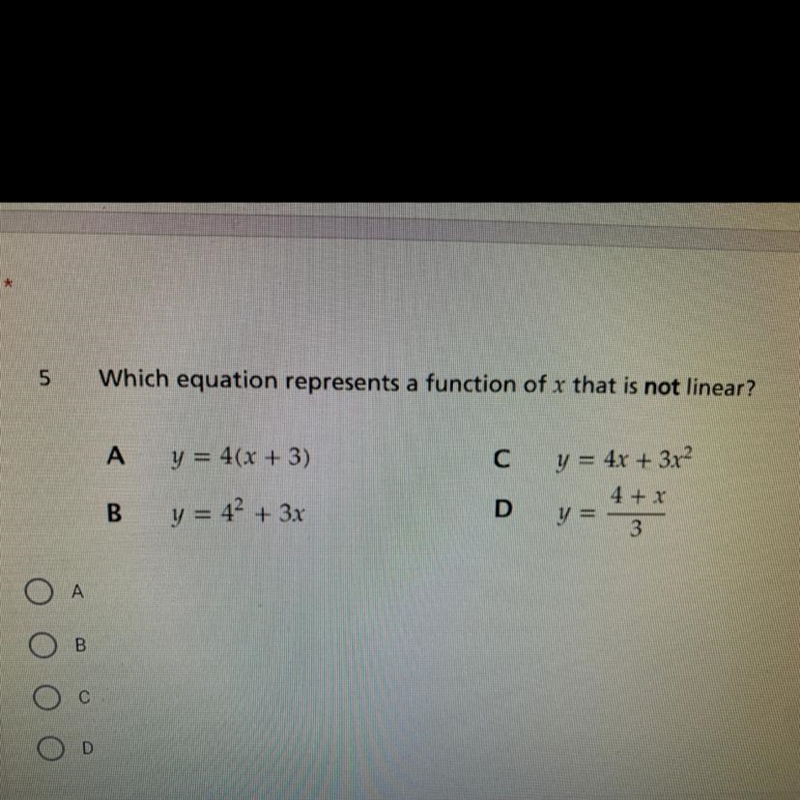 Which equation represents a function of x that is not linear?-example-1