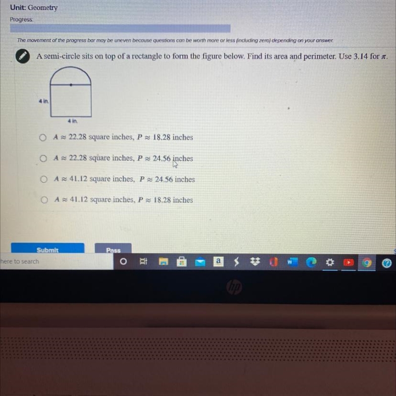 A semi-circle sits on top of a rectangle to form the figure below. Find its area and-example-1