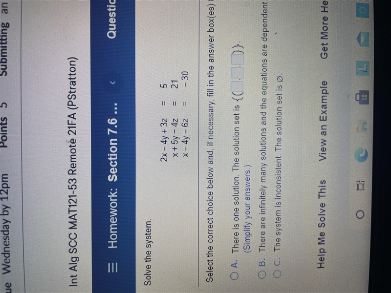 2x-4y+3z=5 x-5y-4z=21 x-4y-6z=30-example-1