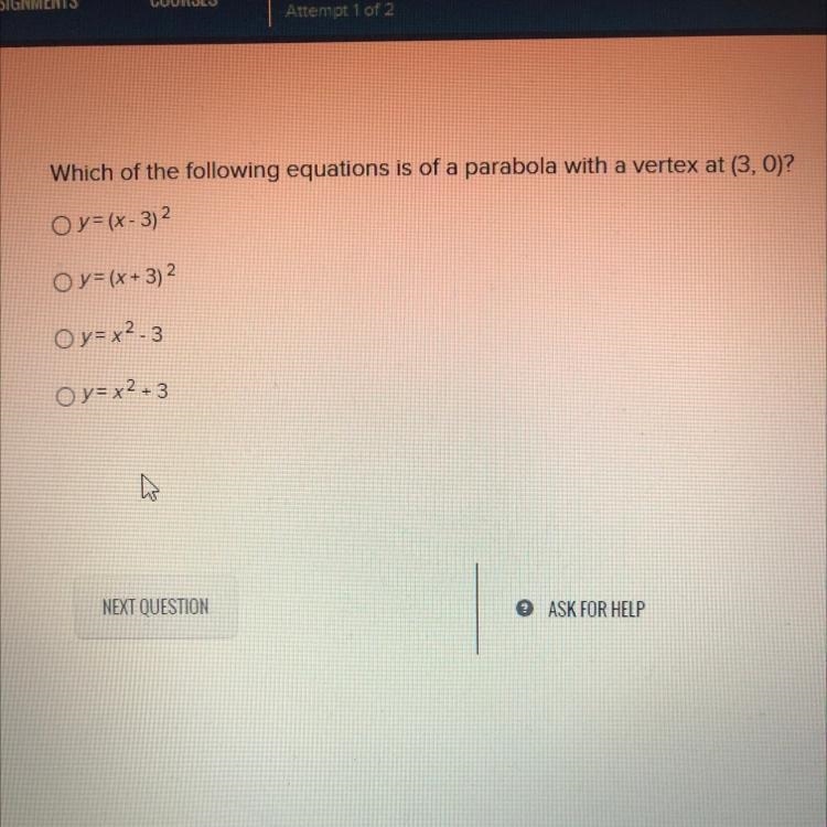 Which of the following equations is of a parabola with a vertex at (3.0)?-example-1