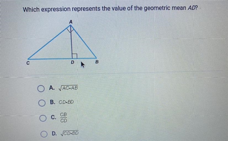 Which expression represents the value of the geometric mean AD? Please help if you-example-1