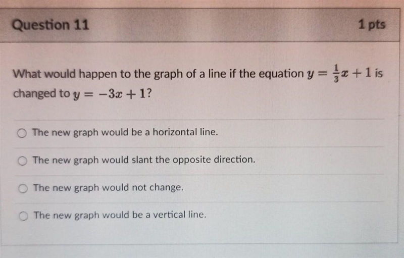 What would happen to the graph of a line if the equation y=1/3x + 1 is changed to-example-1