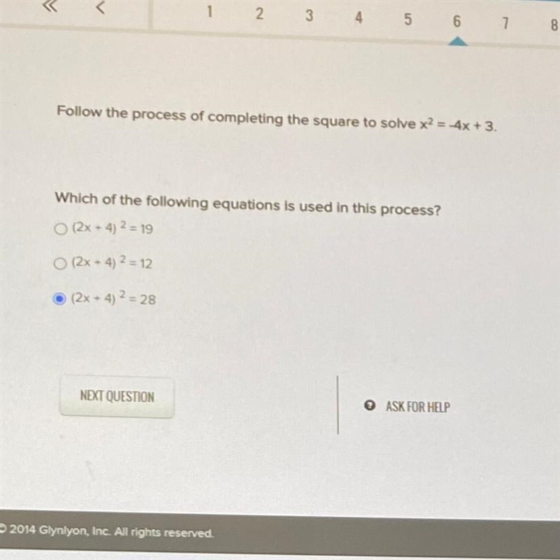 Follow the process of completing the square to solve x = 4x +3. x - Which of the following-example-1