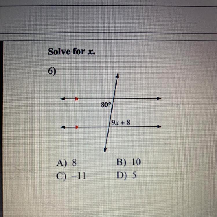 Solve for x A) 8 B) 10 C) -11 D) 5-example-1