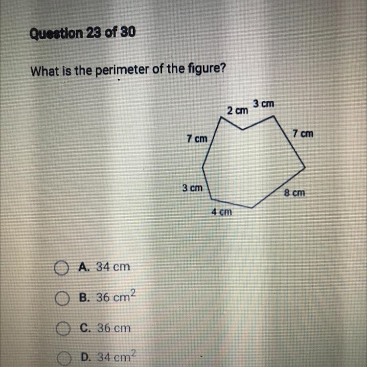 What is the perimeter of the figure? A. 34 cm B. 36 cm2 C. 36 cm D. 34cm2-example-1