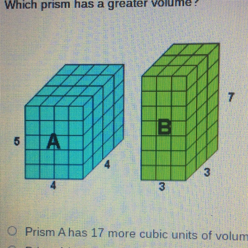 Which prism has a greater volume? O Prism Ahas 17 more cubic units volume than prism-example-1