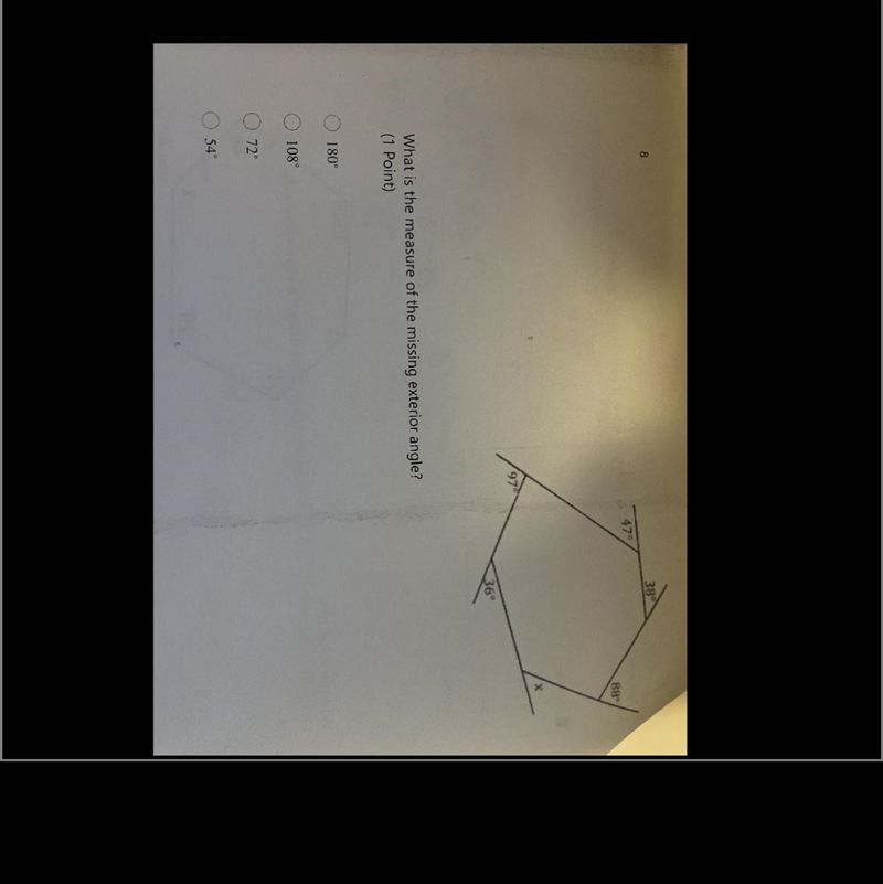 What is the measure of the missing exterior angle?-example-1