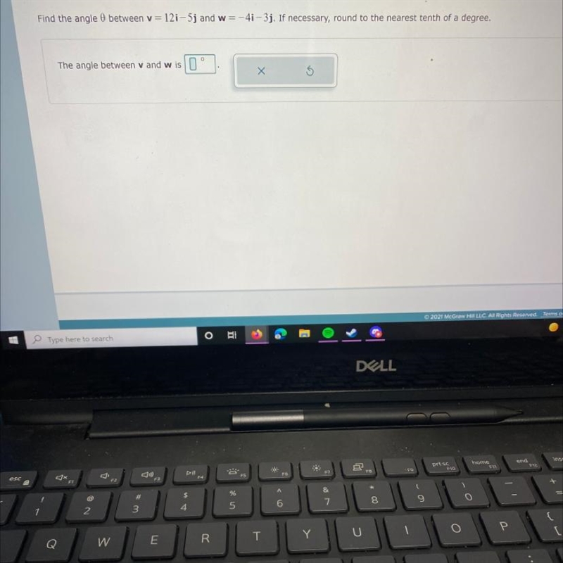 Find the angle 0 between v=12i-5j and w= -4i-3j HELP PLSSS-example-1