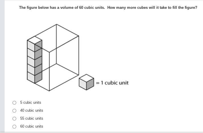 The figure below has a volume of 60 cubic units. How many more cubes will it take-example-1