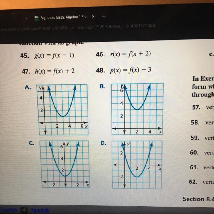 In Exercises 45–48, let f(x) = (x - 2)2 + 1. Match the function with its graph-example-1