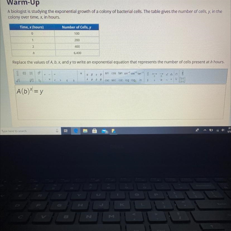 Replace the values of A, b, x, and y to write an exponential equation that represents-example-1