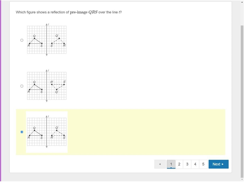 Which figure shows a reflection of ​pre-image QRS​ over the line t? I need help PLSSSSS-example-1