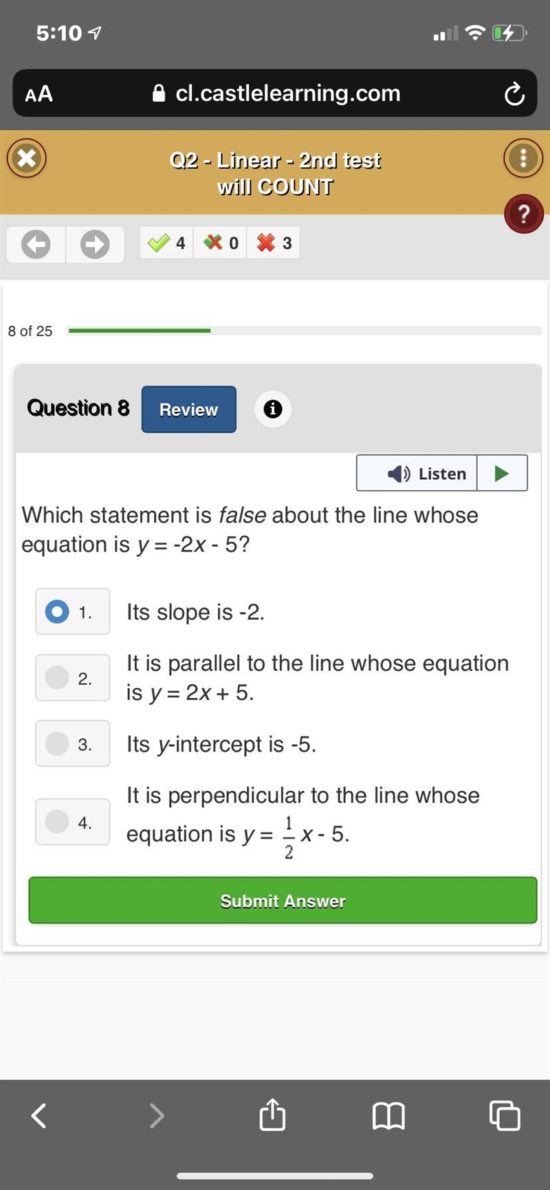 Which statement is true about the line whose equation is y=-2x-5? (1) it’s slope is-example-1