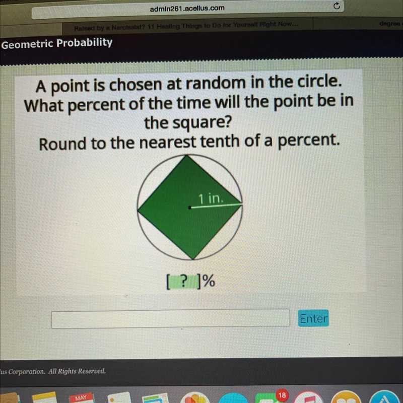 A point is chosen at random in the circle. What percent of the time will the point-example-1