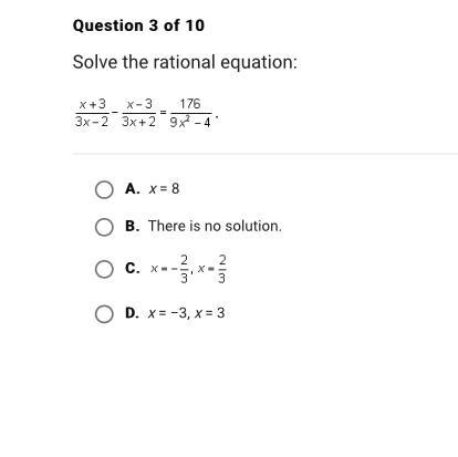 Solve the rational equation X+3/ 3x -2 - x-3/3x+2=176/9x^2-4-example-1