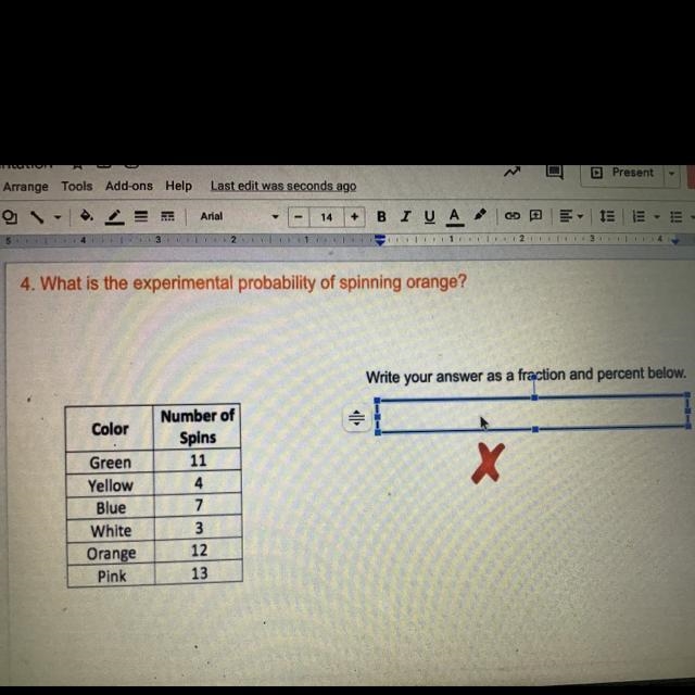 4. What is the experimental probability of spinning orange?-example-1