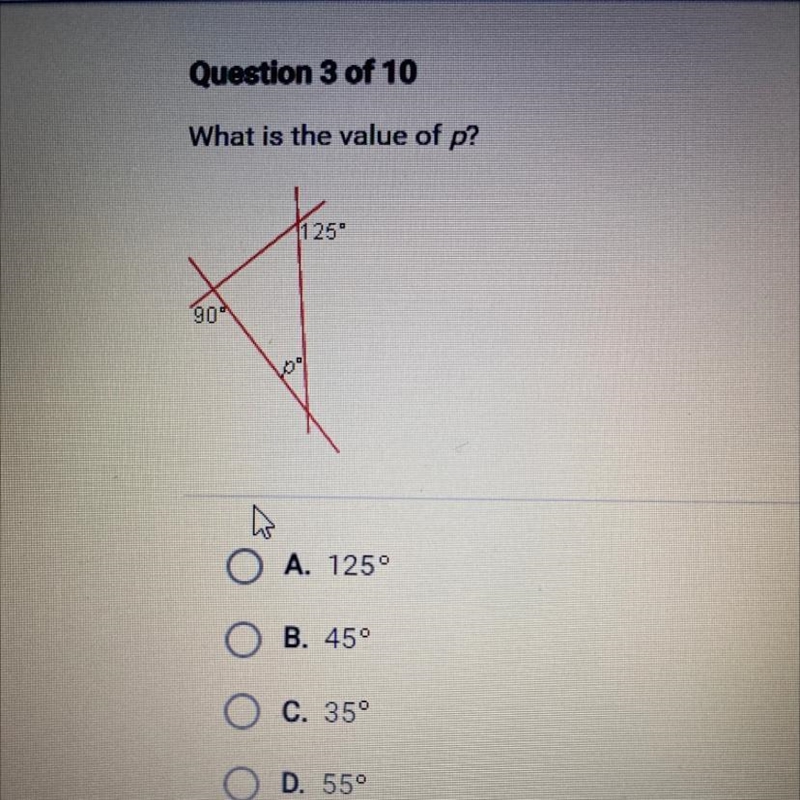 What is the value of p? A. 125° B. 45° C. 35° D. 550-example-1