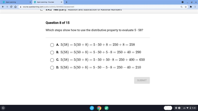 Which steps show how to use the distributive property to evaluate 5 * 58?-example-1