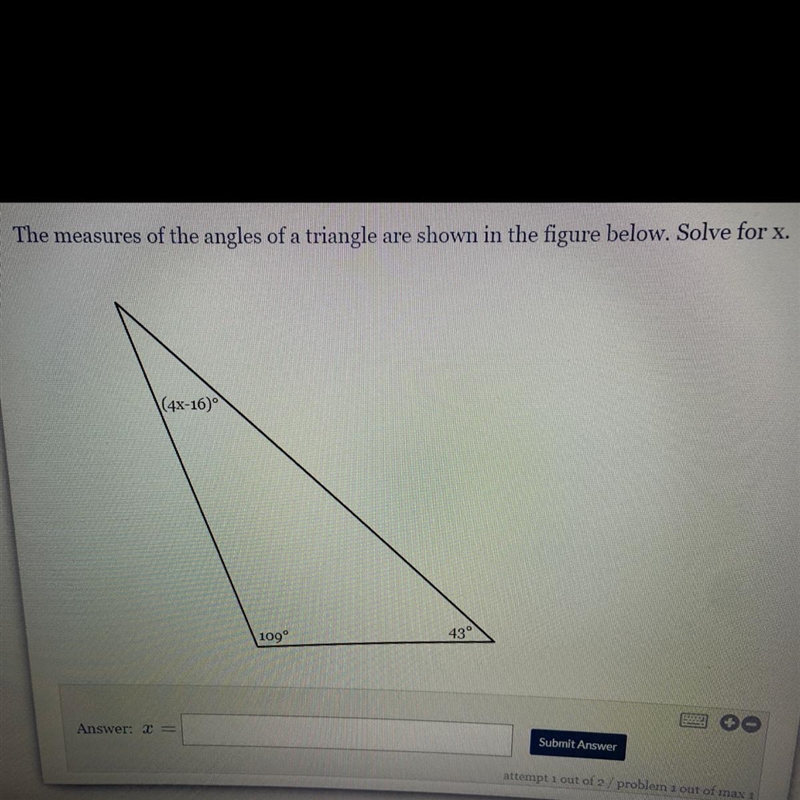 The measures of the angles of a triangle are shown in the figure below. Solve for-example-1