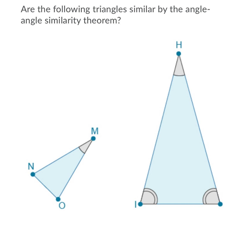 Are the following triangles similar by the angle- angle similarity theorem? A.No, the-example-1