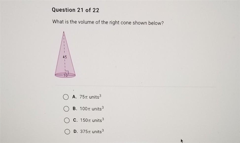 What is the volume of the right cone shown below?​-example-1