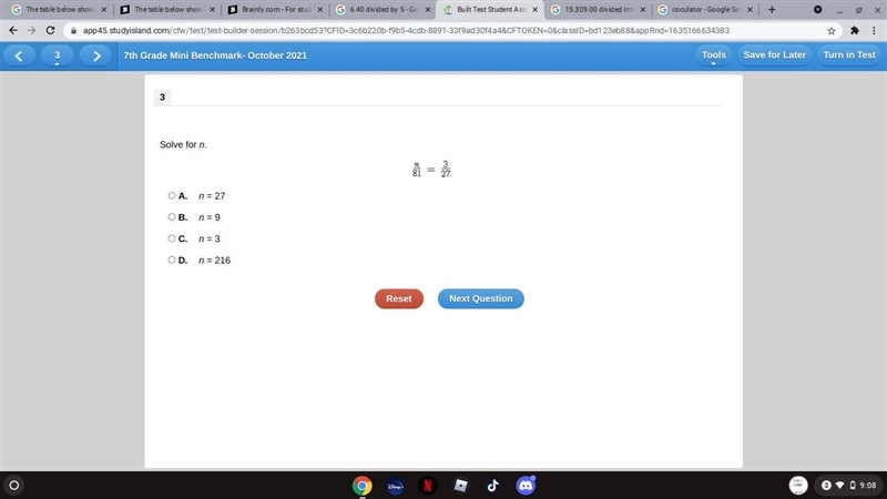 Solve for n. A. n = 27 B. n = 9 C. n = 3 D. n = 216-example-1