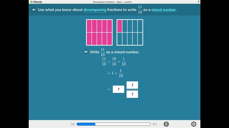 Use what you know about decomposing fractions to write 11/10 as a mixed number.-example-1