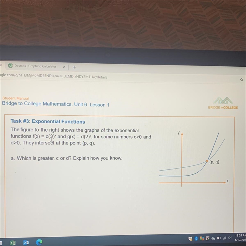 They intersect at the point (p, q). Which is greater, c or d? Explain how you know-example-1