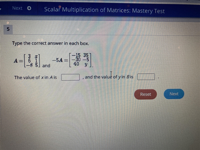 PLEASE HELP The value of x in A is _, and the value of y in B is_.-example-1