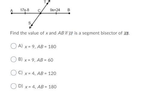 Find the value of x and AB if ST is a segment bisector of AB.-example-1