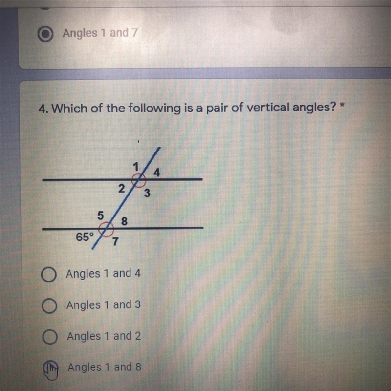 4. Which of the following is a pair of vertical angles? Angles 1 and 4 Angles 1 and-example-1