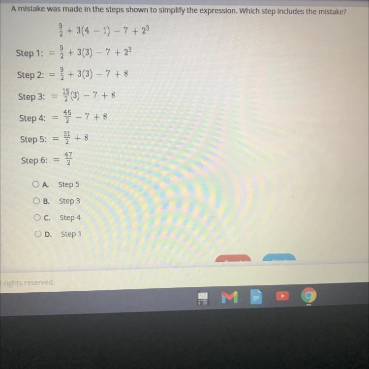 Select the correct answer. A mistake was made in the steps shown to simplify the expression-example-1